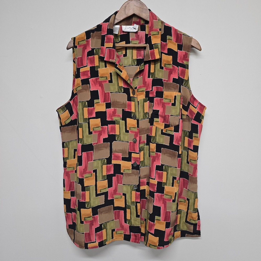 Kathy Che Sleeveless Button Up Shirt Women 18 Multicolor Geometric Poly Retro